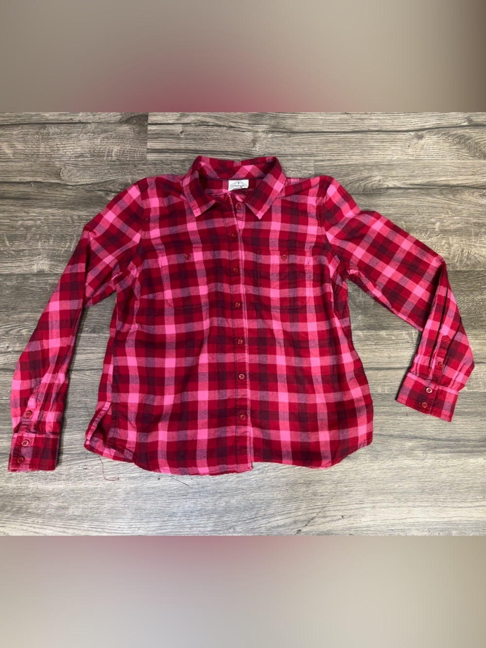 St. John’s Bay Women’s Petite Small Red Pink Plaid Button Down Flannel Shirt - Picture 2 of 5